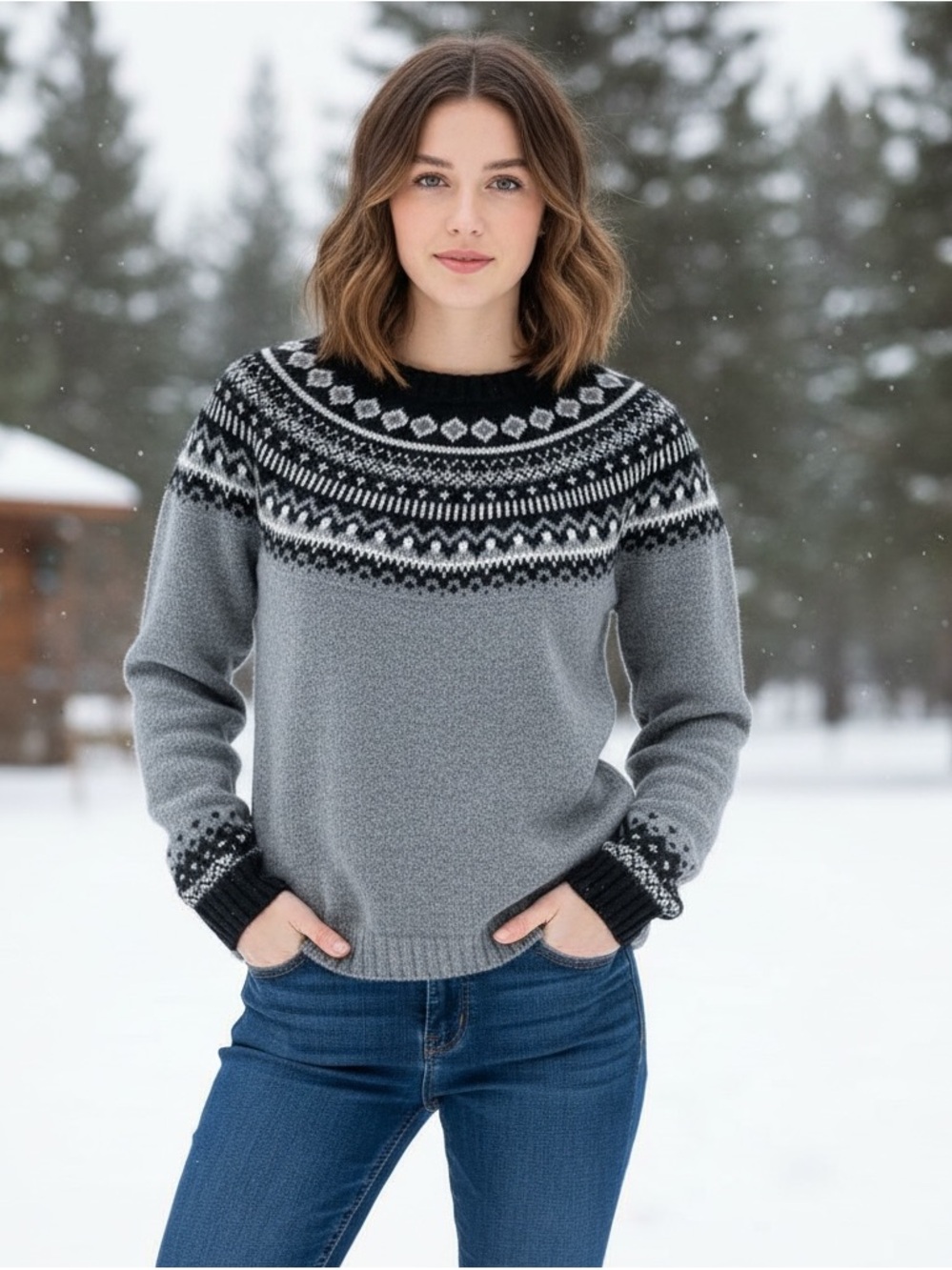 Kenar Gray and Black Fair Isle Crewneck Sweater